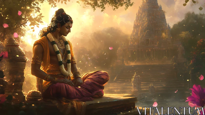 Serene garlanded figure meditating near sunlit temple steps.