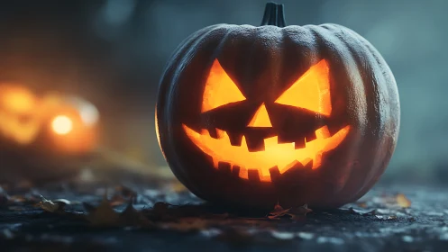 Photorealistic jack-o-lantern with moody shallow-depth lighting.