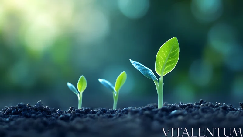 Three seedlings are aligned in soil under diffuse green light