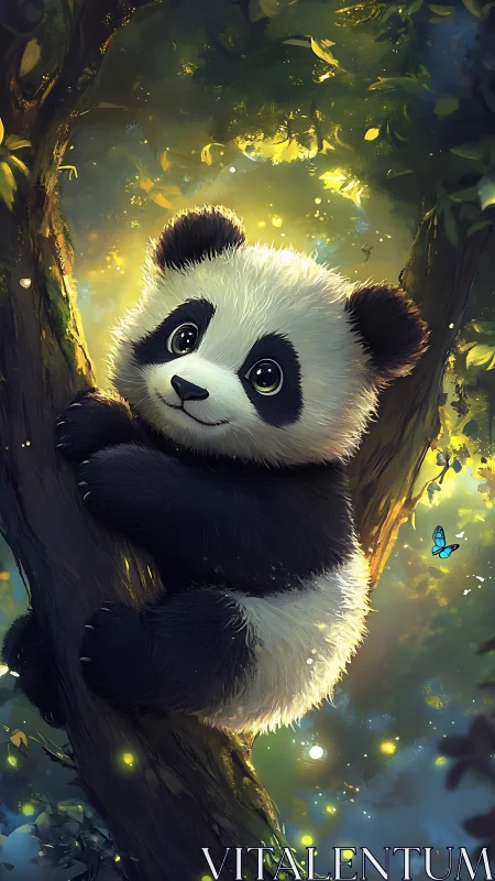 Playful baby panda cuddling a tree in a glowing forest.