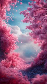 Petal-drift valley glows beneath dream-bright cherry clouds.
