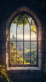 Sunlit castle valley framed by a quiet stone window.