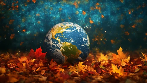 Planet Earth rests amid autumn leaves under luminous cosmos