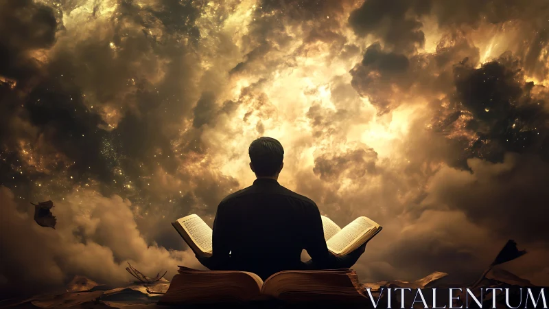 Digital painting of contemplative reader in celestial cloudscape.