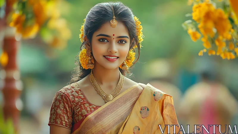 High-saturation portrait of woman in sari with selective depth-of-field