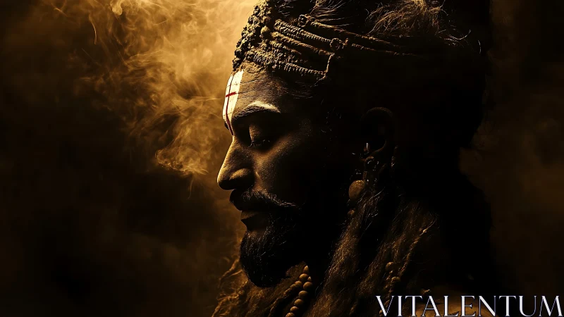Mystic sadhu profile lit by warm rim light in drifting smoke