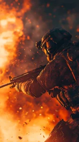 Soldier silhouetted in blazing orange battlefield glow.