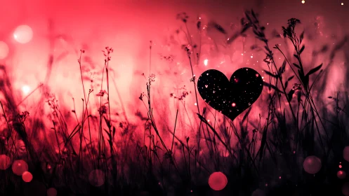 Silhouette heart blooms amid crimson meadow glow.