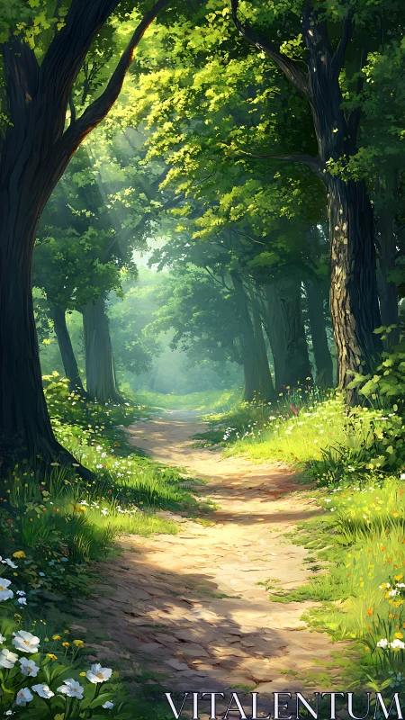 Sunlit Forest Path Through Ancient Trees.