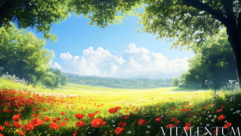 Sunny wildflower meadow opening into a peaceful valley.