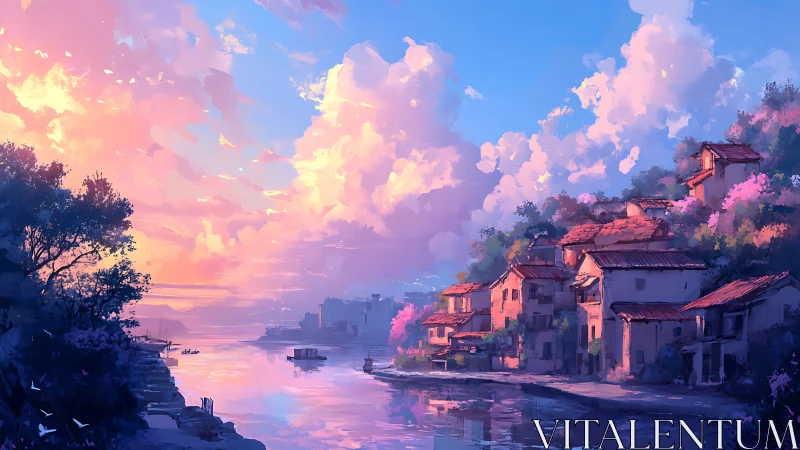 Atmospheric riverside village under volumetric dusk cloudscape.