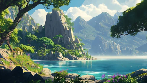 Coastal inlet with steep forested cliffs and distant peaks.