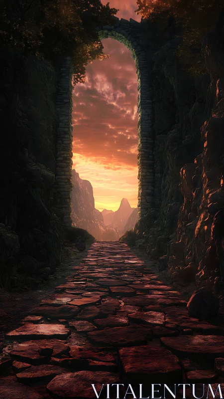 Sunset stone passageway opening toward quiet mountain dreams.