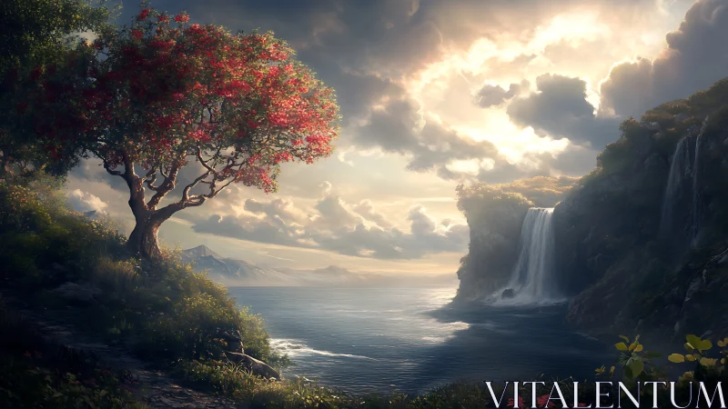 Twilight blossom tree guarding a luminous cliffside waterfall.
