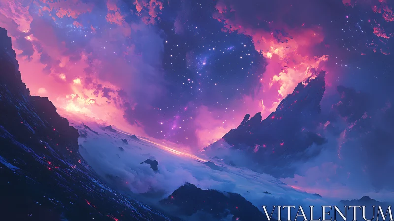 Nebula sky pours violet light over jagged alien peaks