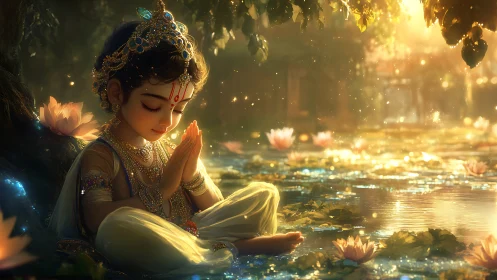 Gentle child deity prays beside a glowing lotus pond at dusk