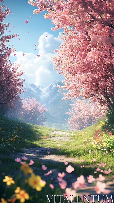 Cherry blossom path with distant snow-covered mountains.