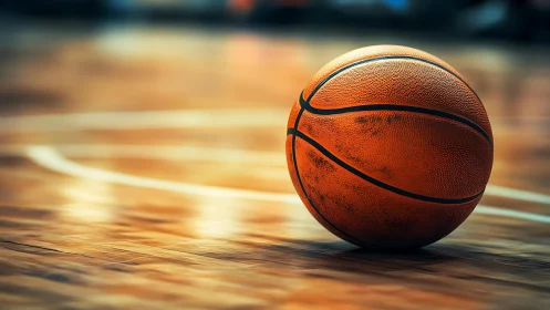 Quiet moments on the hardwood with a resting basketball.