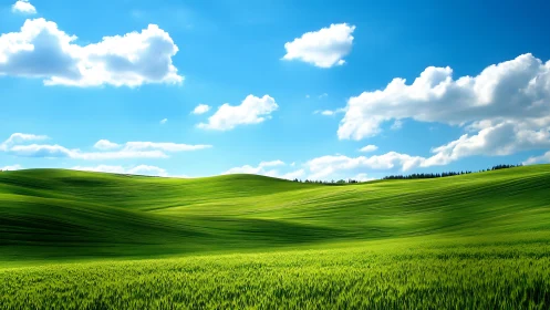Sunlit green hills roll under deep blue summer sky.