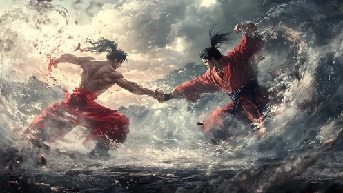 Hydrodynamic duel of red-clad martial warriors in vortex storm.