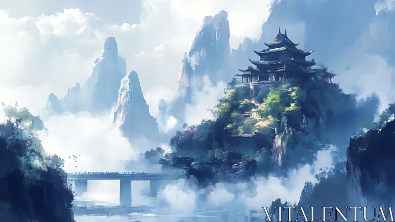 Mountain temple above misty river valley with bridge below.