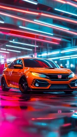 Neon-lit performance hatchback in reflective tunnel environment.