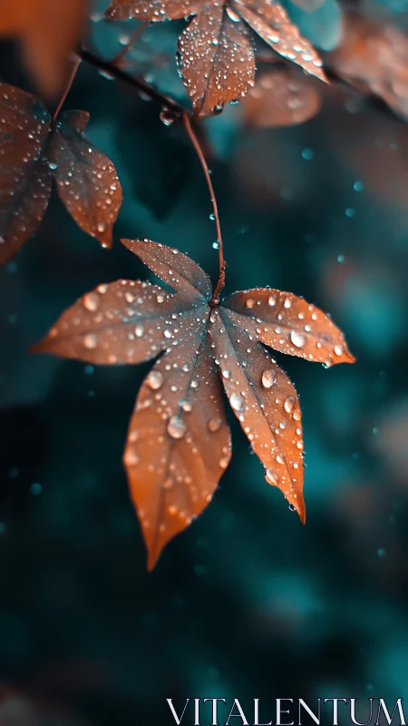 Close-up of wet orange leaves against teal blurred background.