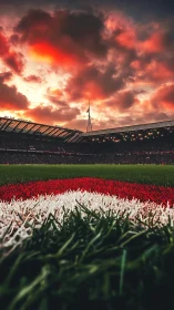 Football pitch close-up under dramatic sunset sky.
