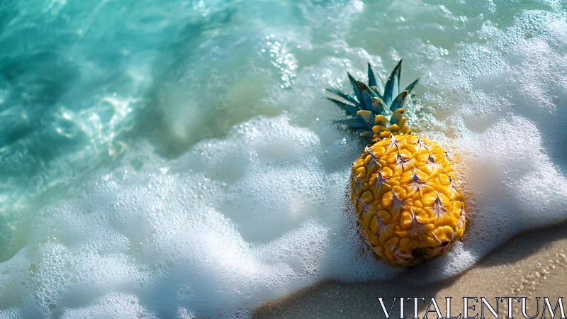 Sunlit pineapple washed by turquoise shoreline foam.