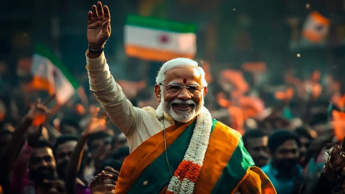 Sunlit leader waves through jubilant flag-splashed crowd