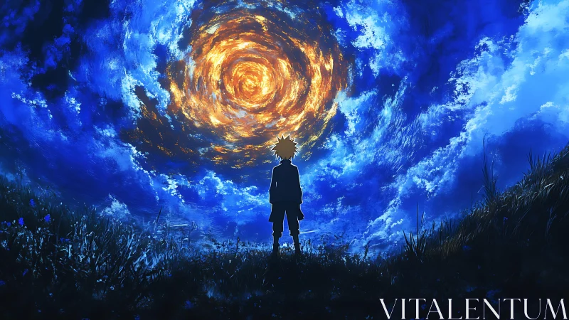 Young dreamer beneath a swirling golden night sky.