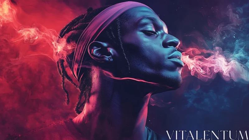 Profile portrait merges neon smoke and split color lighting