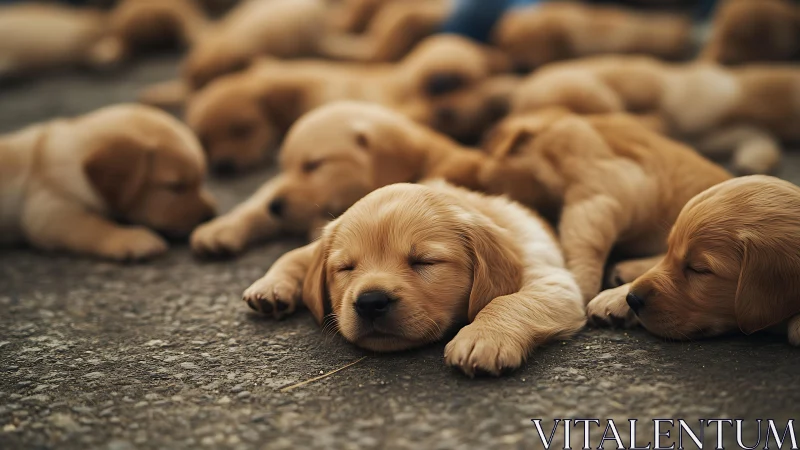 Shallow-depth composition captures golden puppies sleeping on rough asphalt