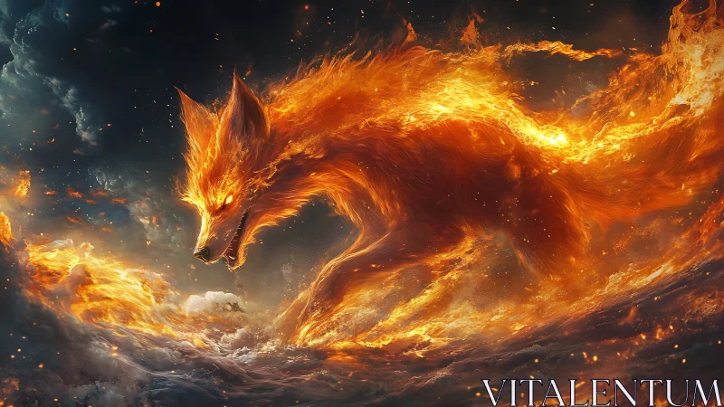 Fiery celestial fox spirit surges through stormy clouds.