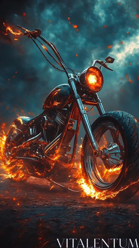 Flaming chrome chopper blazes across a stormy highway night.