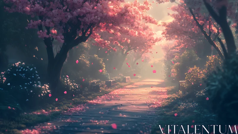 Soft morning stroll beneath drifting cherry blossoms.