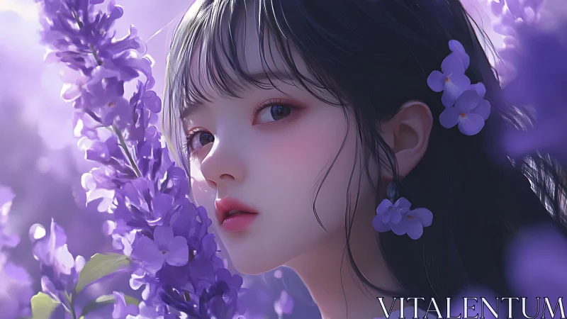 Violet blossoms frame ethereal girl in soft digital light.