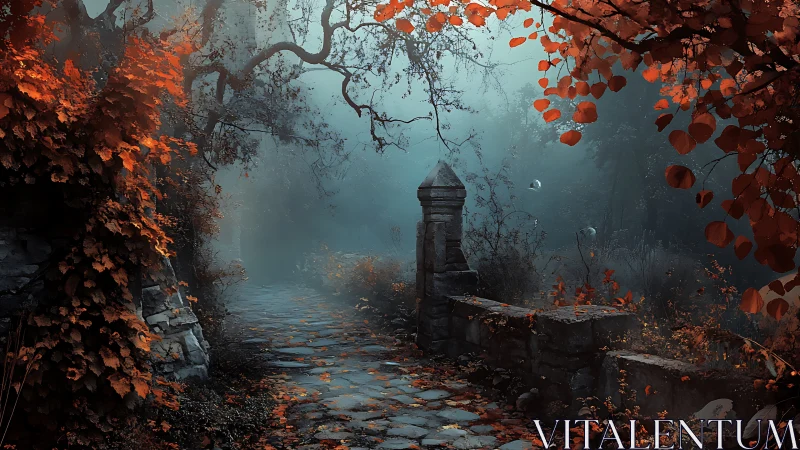 Foggy stone path through autumn forest ruins at dusk.