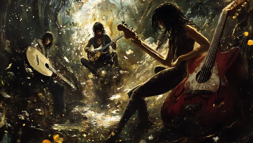 Musicians with guitars arranged in dense forest setting.