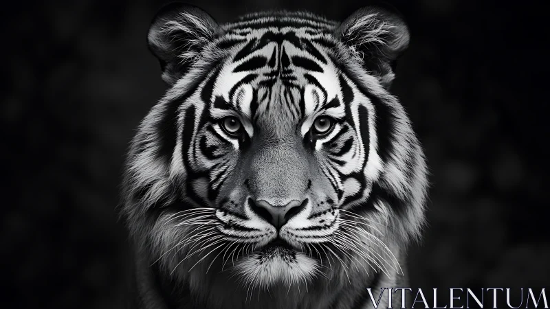 Monochrome frontal tiger portrait employs dramatic chiaroscuro lighting