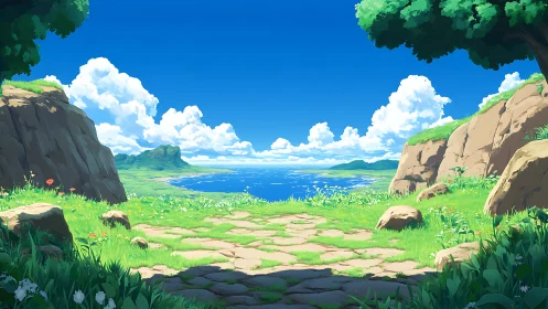 Breathtaking Valley Vista with Azure Lake and Peaceful Clifftop Haven