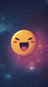 Smiling cartoon emoji floats against colorful deep space