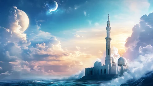 Fantasy mosque structure rises from ocean amid twin moons