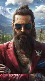 Brooding bearded rebel in red jacket against mountain sky.