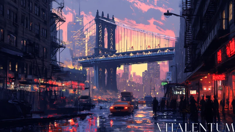 Neon city bridge glows over rain soaked evening street