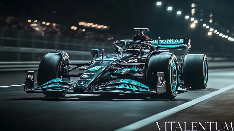 Mercedes F1 car blasts through illuminated night circuit.