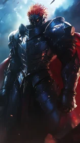 Armored dark knight stands in blazing backlit storm.