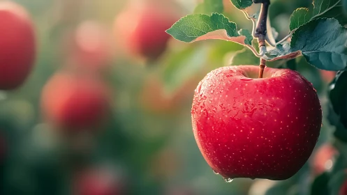 Ripe red apple with dewdrops in soft orchard bokeh light.