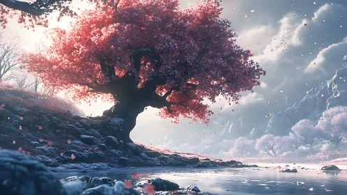 Pink blossom tree by reflective river in misty valley.