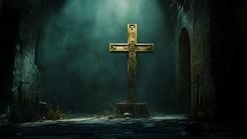 Golden stone cross stands in eerie shaft of crypt light.
